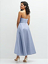 Rear View Thumbnail - Sky Blue Draped Bodice Strapless Satin Midi Dress with Full Circle Skirt