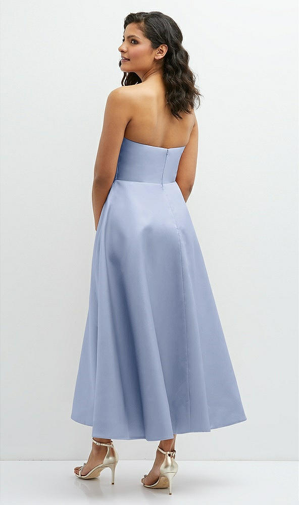 Back View - Sky Blue Draped Bodice Strapless Satin Midi Dress with Full Circle Skirt
