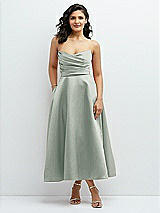 Front View Thumbnail - Willow Green Draped Bodice Strapless Satin Midi Dress with Full Circle Skirt