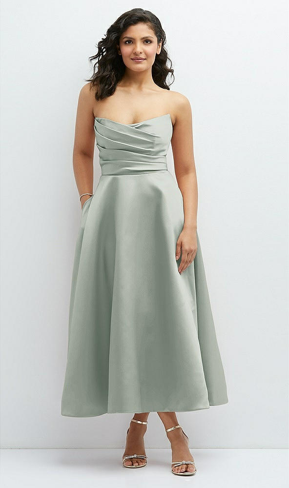Front View - Willow Green Draped Bodice Strapless Satin Midi Dress with Full Circle Skirt