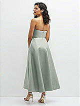 Rear View Thumbnail - Willow Green Draped Bodice Strapless Satin Midi Dress with Full Circle Skirt