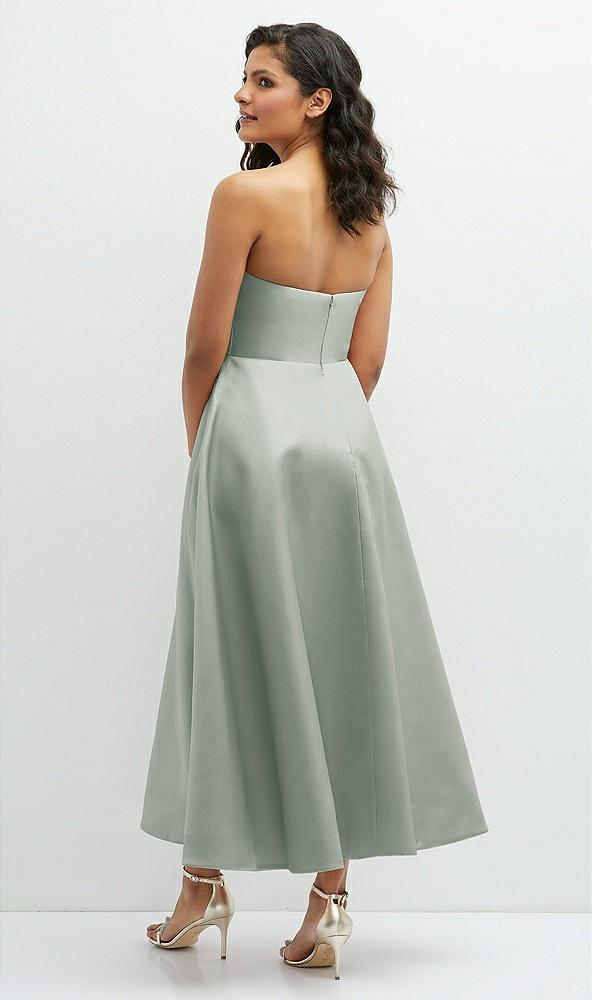 Back View - Willow Green Draped Bodice Strapless Satin Midi Dress with Full Circle Skirt