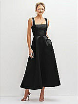 Front View Thumbnail - Black Square Neck Satin Midi Dress with Full Skirt & Pockets