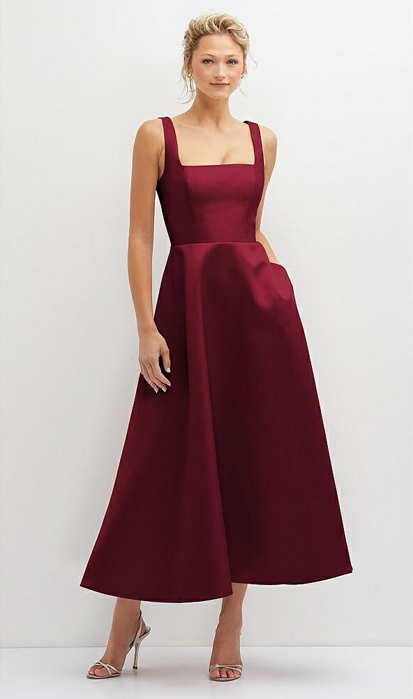 Front View - Burgundy Square Neck Satin Midi Dress with Full Skirt & Pockets
