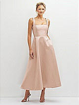 Front View Thumbnail - Cameo Square Neck Satin Midi Dress with Full Skirt & Pockets