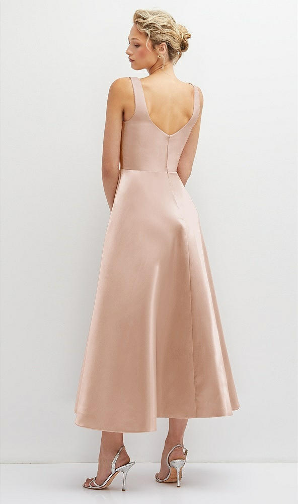 Back View - Cameo Square Neck Satin Midi Dress with Full Skirt & Pockets