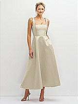 Front View Thumbnail - Champagne Square Neck Satin Midi Dress with Full Skirt & Pockets