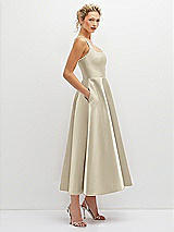 Side View Thumbnail - Champagne Square Neck Satin Midi Dress with Full Skirt & Pockets