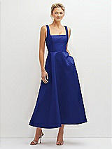Front View Thumbnail - Cobalt Blue Square Neck Satin Midi Dress with Full Skirt & Pockets