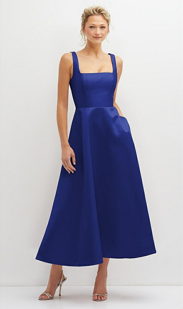 Front View - Cobalt Blue Square Neck Satin Midi Dress with Full Skirt & Pockets