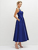 Side View Thumbnail - Cobalt Blue Square Neck Satin Midi Dress with Full Skirt & Pockets
