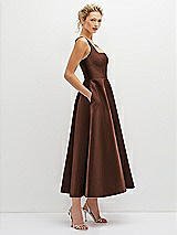 Side View Thumbnail - Cognac Square Neck Satin Midi Dress with Full Skirt & Pockets