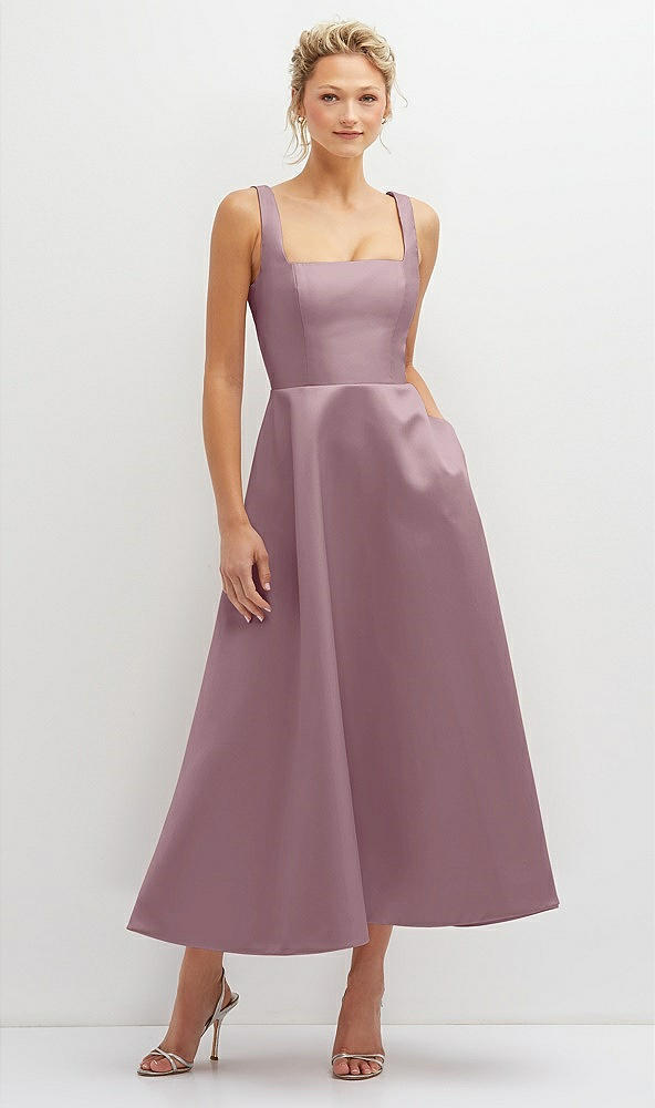 Front View - Dusty Rose Square Neck Satin Midi Dress with Full Skirt & Pockets