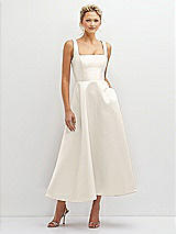 Front View Thumbnail - Ivory Square Neck Satin Midi Dress with Full Skirt & Pockets