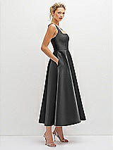 Side View Thumbnail - Pewter Square Neck Satin Midi Dress with Full Skirt & Pockets