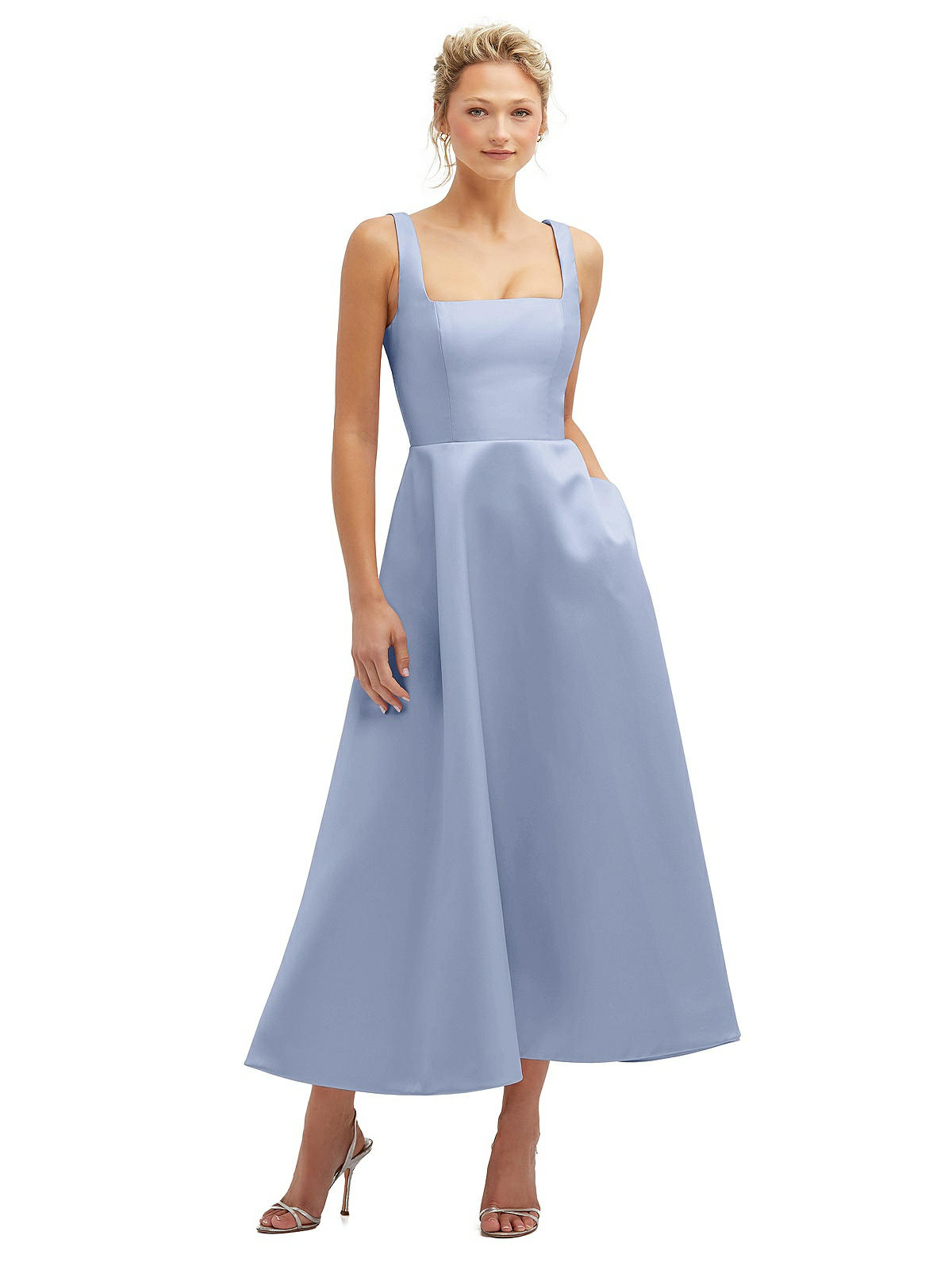 Square Neck Satin Midi Bridesmaid Dress With Full Skirt Pockets