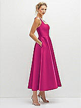 Side View Thumbnail - Think Pink Square Neck Satin Midi Dress with Full Skirt & Pockets