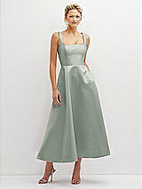 Front View Thumbnail - Willow Green Square Neck Satin Midi Dress with Full Skirt & Pockets