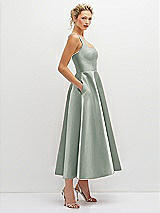 Side View Thumbnail - Willow Green Square Neck Satin Midi Dress with Full Skirt & Pockets