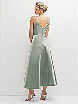 Rear View Thumbnail - Willow Green Square Neck Satin Midi Dress with Full Skirt & Pockets