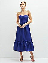 Front View Thumbnail - Cobalt Blue Strapless Satin Midi Corset Dress with Lace-Up Back & Ruffle Hem
