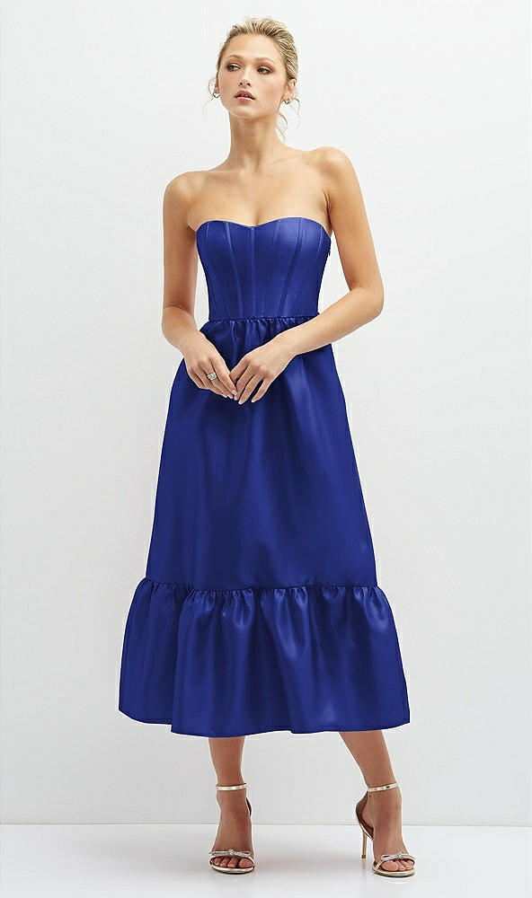 Front View - Cobalt Blue Strapless Satin Midi Corset Dress with Lace-Up Back & Ruffle Hem