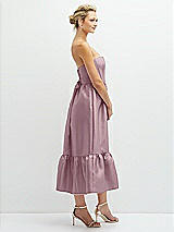 Side View Thumbnail - Dusty Rose Strapless Satin Midi Corset Dress with Lace-Up Back & Ruffle Hem