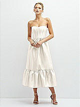 Front View Thumbnail - Ivory Strapless Satin Midi Corset Dress with Lace-Up Back & Ruffle Hem