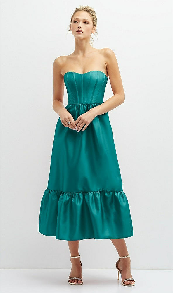 Front View - Jade Strapless Satin Midi Corset Dress with Lace-Up Back & Ruffle Hem