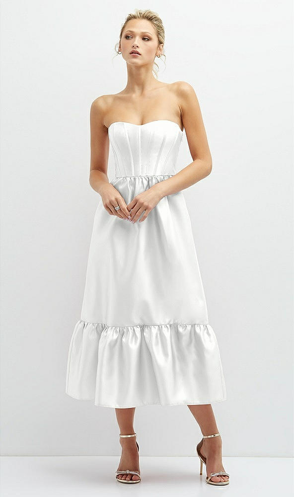 Front View - White Strapless Satin Midi Corset Dress with Lace-Up Back & Ruffle Hem