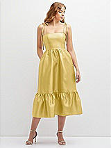 Front View Thumbnail - Maize Shirred Ruffle Hem Midi Dress with Self-Tie Spaghetti Straps and Pockets