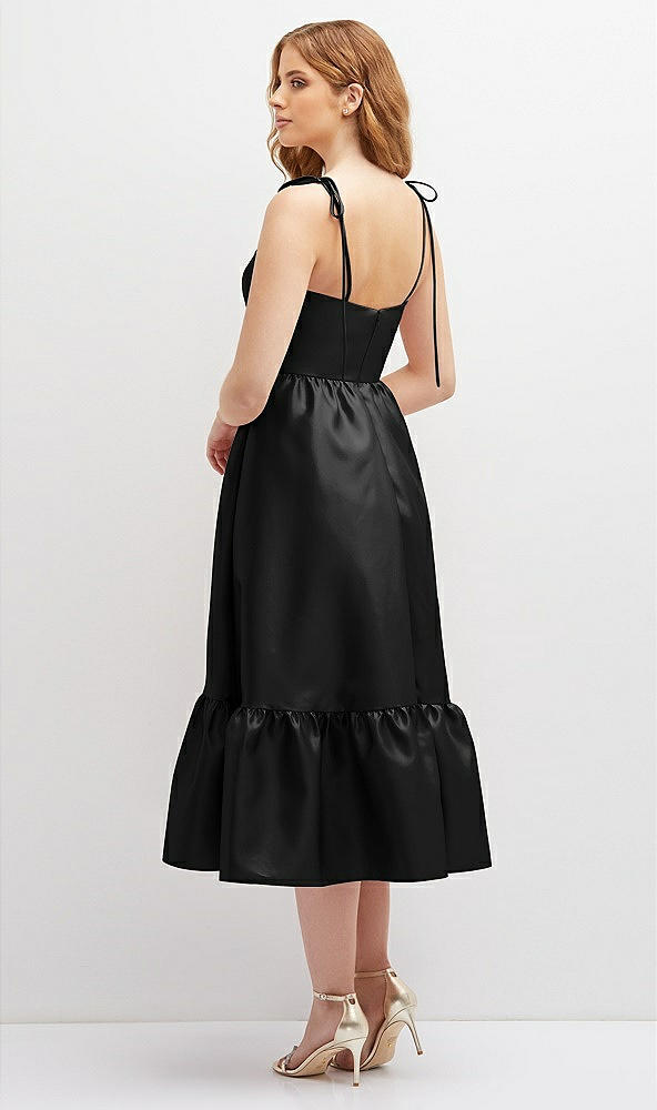 Back View - Black Shirred Ruffle Hem Midi Dress with Self-Tie Spaghetti Straps and Pockets