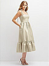 Side View Thumbnail - Champagne Shirred Ruffle Hem Midi Dress with Self-Tie Spaghetti Straps and Pockets