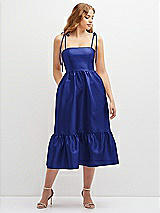 Front View Thumbnail - Cobalt Blue Shirred Ruffle Hem Midi Dress with Self-Tie Spaghetti Straps and Pockets