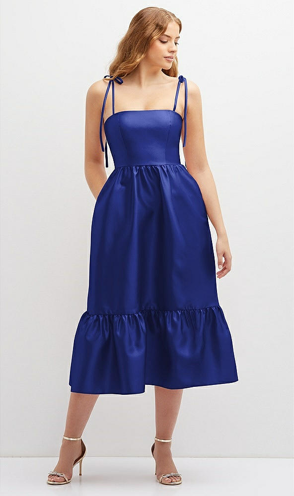 Front View - Cobalt Blue Shirred Ruffle Hem Midi Dress with Self-Tie Spaghetti Straps and Pockets