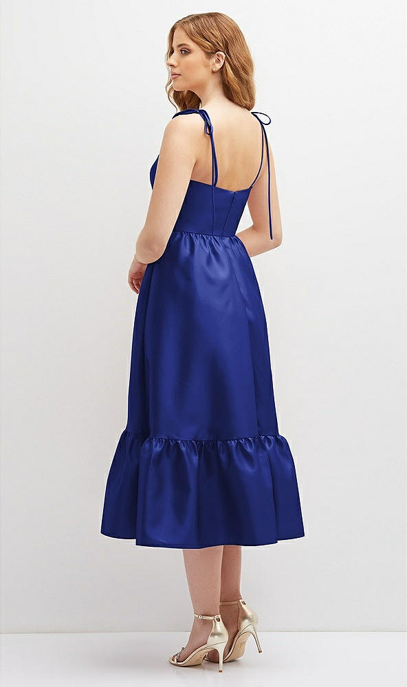 Back View - Cobalt Blue Shirred Ruffle Hem Midi Dress with Self-Tie Spaghetti Straps and Pockets
