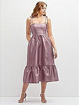 Front View Thumbnail - Dusty Rose Shirred Ruffle Hem Midi Dress with Self-Tie Spaghetti Straps and Pockets