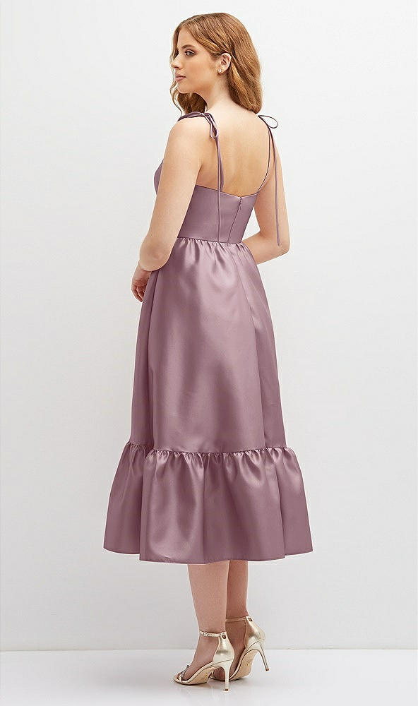 Back View - Dusty Rose Shirred Ruffle Hem Midi Dress with Self-Tie Spaghetti Straps and Pockets