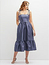 Front View Thumbnail - French Blue Shirred Ruffle Hem Midi Dress with Self-Tie Spaghetti Straps and Pockets