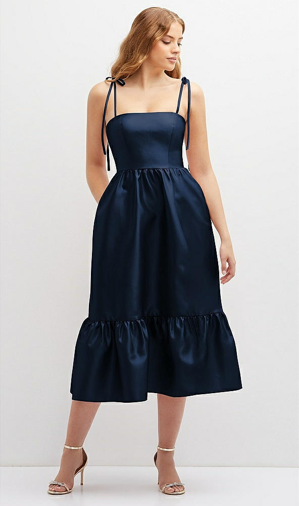 Front View - Midnight Navy Shirred Ruffle Hem Midi Dress with Self-Tie Spaghetti Straps and Pockets