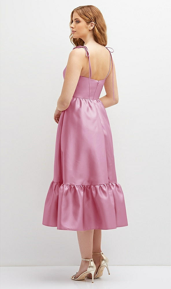 Back View - Powder Pink Shirred Ruffle Hem Midi Dress with Self-Tie Spaghetti Straps and Pockets