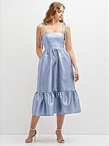 Front View Thumbnail - Sky Blue Shirred Ruffle Hem Midi Dress with Self-Tie Spaghetti Straps and Pockets