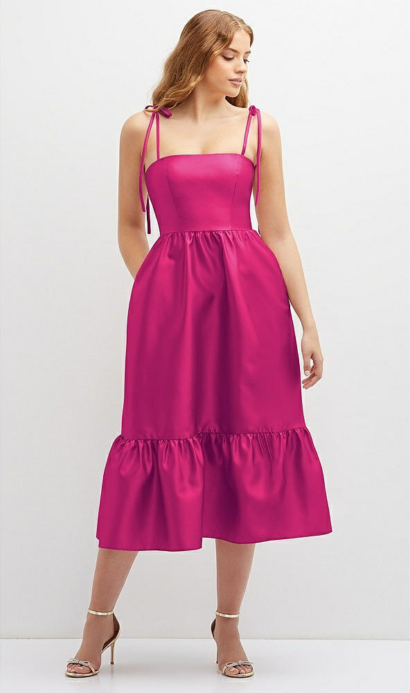 Front View - Think Pink Shirred Ruffle Hem Midi Dress with Self-Tie Spaghetti Straps and Pockets