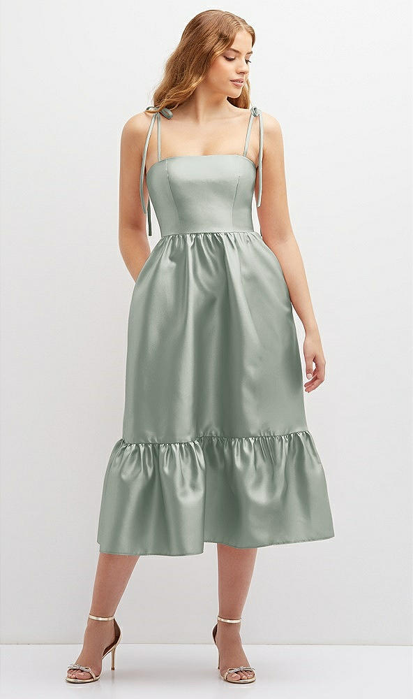Front View - Willow Green Shirred Ruffle Hem Midi Dress with Self-Tie Spaghetti Straps and Pockets