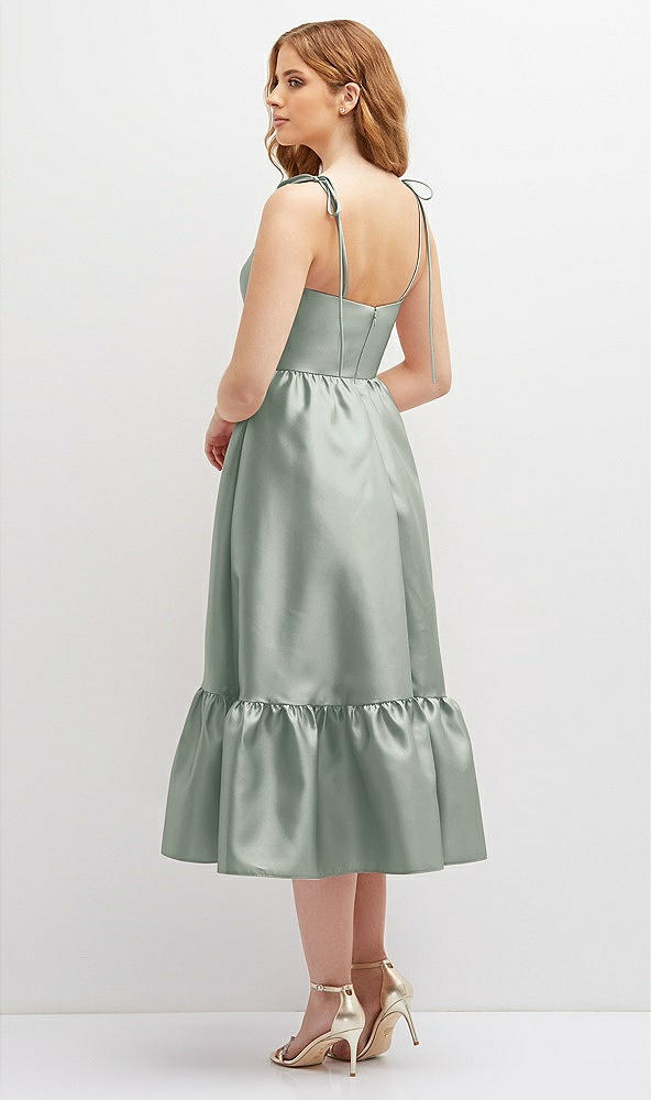 Back View - Willow Green Shirred Ruffle Hem Midi Dress with Self-Tie Spaghetti Straps and Pockets