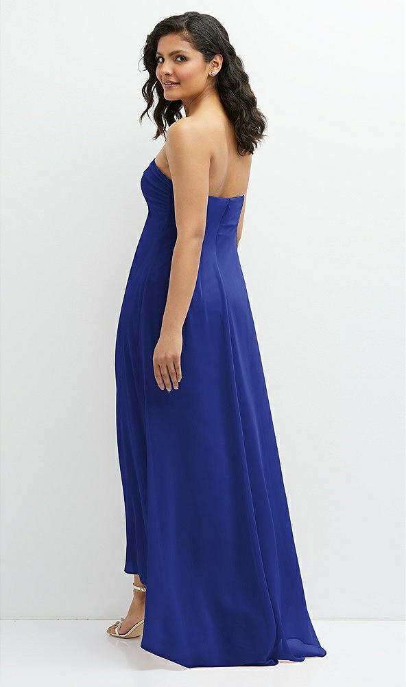Back View - Cobalt Blue Strapless Draped Notch Neck Chiffon High-Low Dress