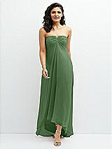 Front View Thumbnail - Vineyard Green Strapless Draped Notch Neck Chiffon High-Low Dress