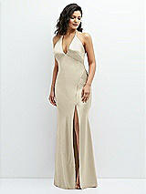 Front View Thumbnail - Champagne Plunge Halter Open-Back Maxi Bias Dress with Low Tie Back