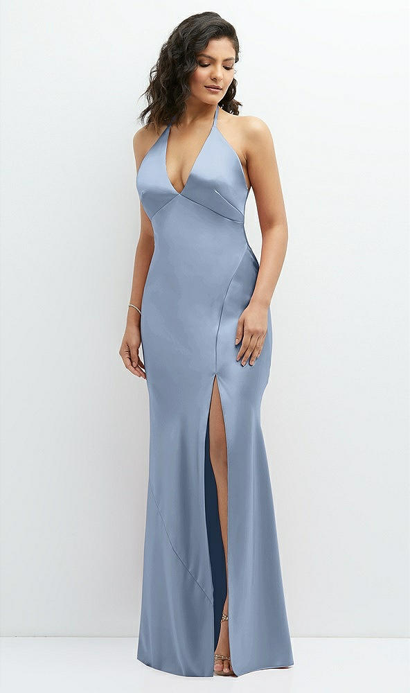 Front View - Cloudy Plunge Halter Open-Back Maxi Bias Dress with Low Tie Back