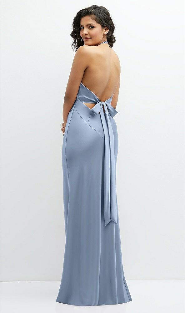 Back View - Cloudy Plunge Halter Open-Back Maxi Bias Dress with Low Tie Back